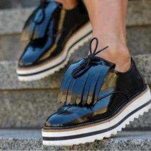 Zara Basic faux patent leather black fringe loafer white platform sole shoe 7.5
